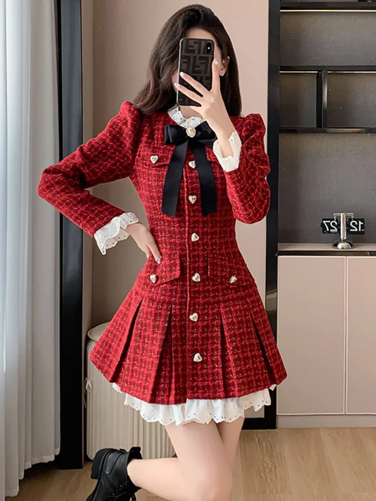 Vestido de oficina de tweed plisado coreano