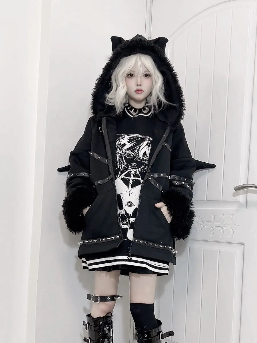 Harajuku Emo Hoodie mit Fledermausohren &amp; Flügeln