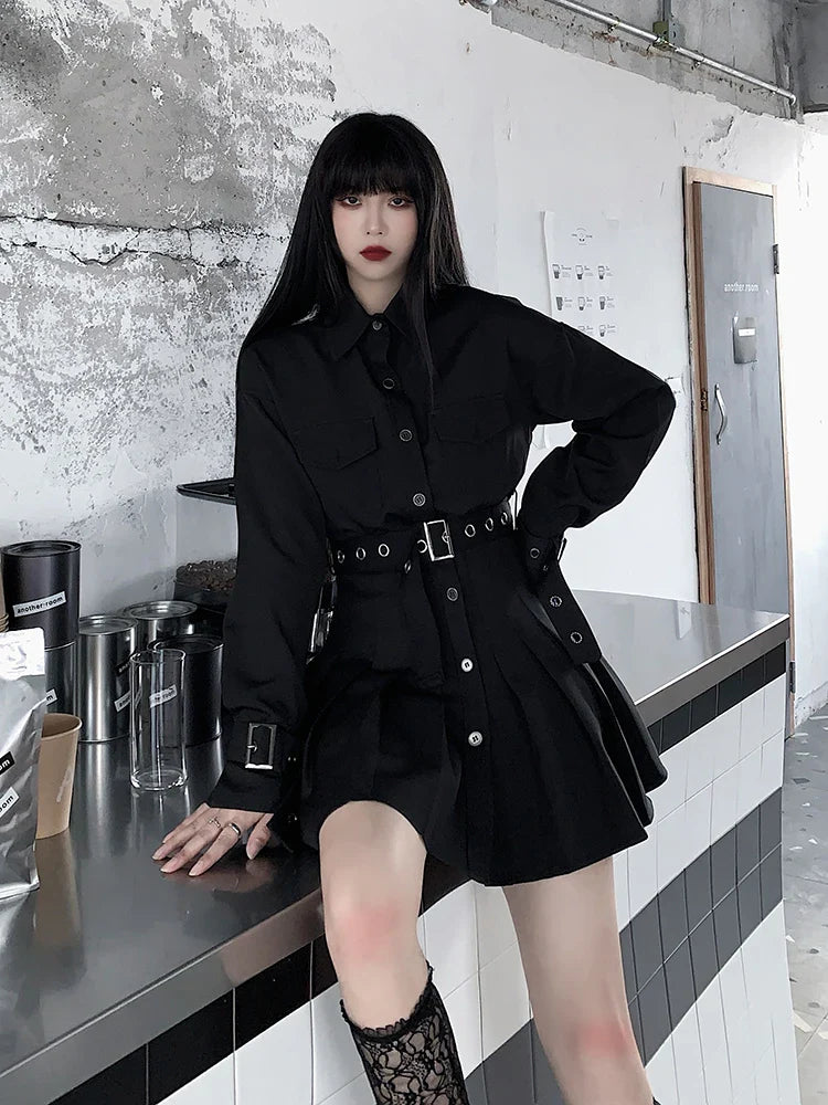 Koreanisches Gothic-Plissee-Hemdkleid 