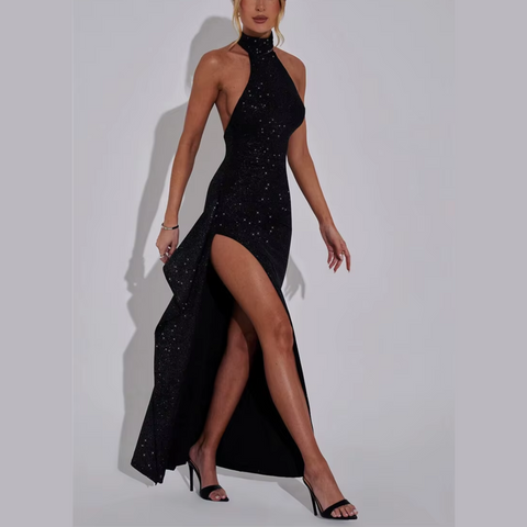 Sparkle - Black Thigh High Split Maxi Dress