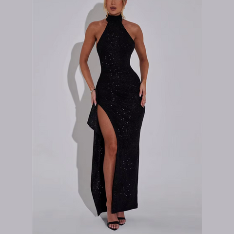 Sparkle - Black Thigh High Split Maxi Dress