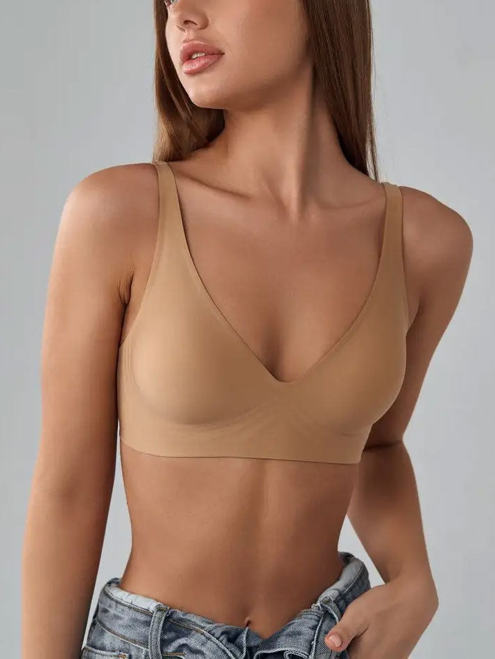 Wirefree Seamless Bra for Women Invisible Deep V Plunge Bra with Removeable Padding Tan