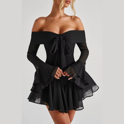 Petal - Off Shoulder Flare Sleeve Mini A-line Dress