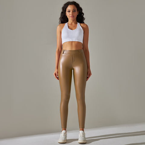 Leggings de entrenamiento de yoga de cintura alta de cuero PU para mujer