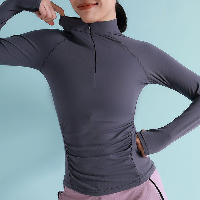 Camisa de yoga y deportes para mujer con mangas largas, cuello con cremallera y orificio para el pulgar