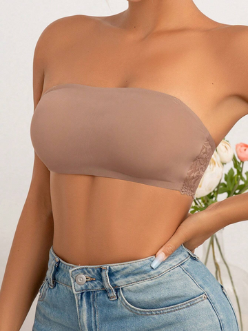 Lace stitching seamless bra, sexy off-shoulder removable transparent shoulder straps Tan