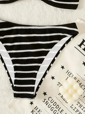 Black and white striped tube top push-up bikini set