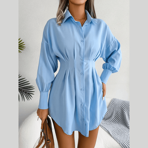 Adalee - Blue Asymmetric Button-Up Shirt Dress