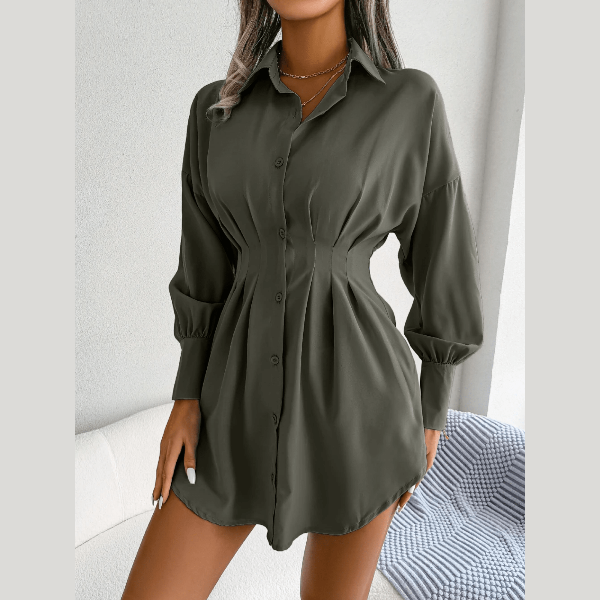 Adalee - Green Asymmetric Button-Up Shirt Dress
