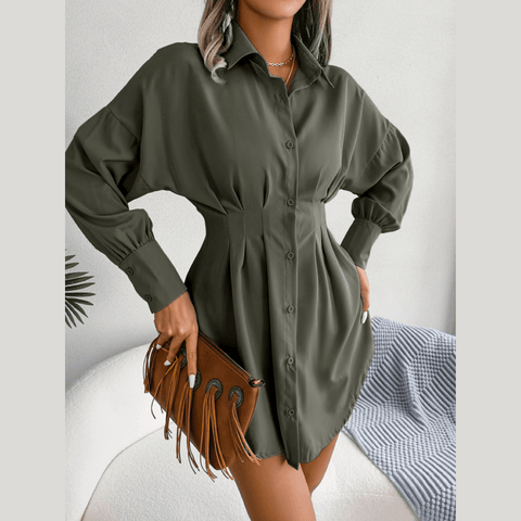 Adalee - Green Asymmetric Button-Up Shirt Dress