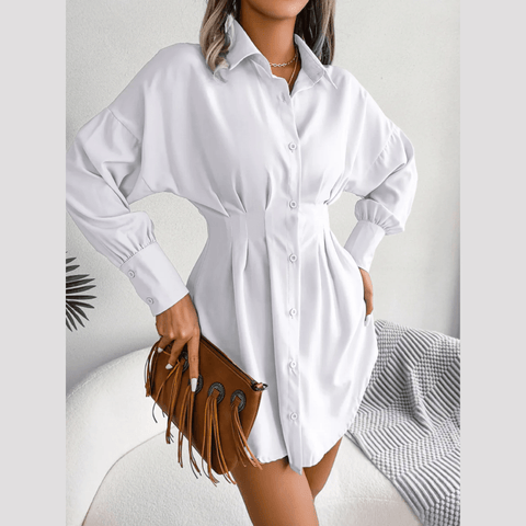 Adalee - White Asymmetric Button-Up Shirt Dress