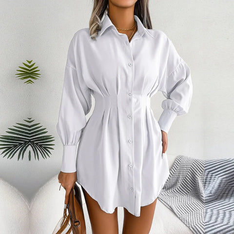 Adalee - White Asymmetric Button-Up Shirt Dress