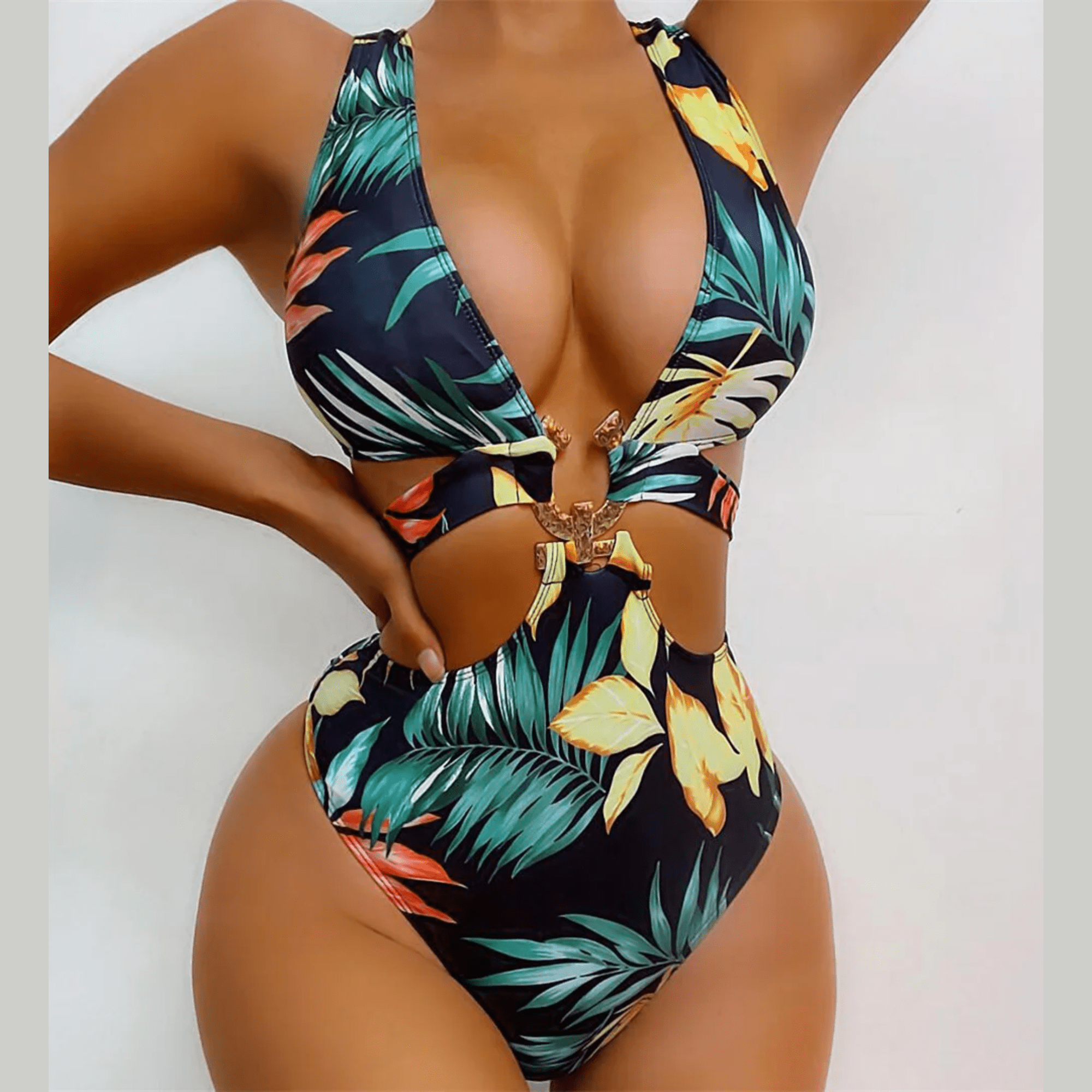 Aitana - Tropical Leaves Print Cut Out Monokini Swimsuit