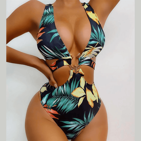 Aitana - Tropical Leaves Print Cut Out Monokini Swimsuit