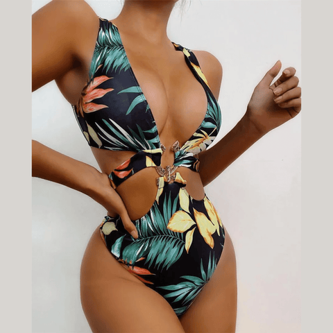 Aitana - Tropical Leaves Print Cut Out Monokini Swimsuit
