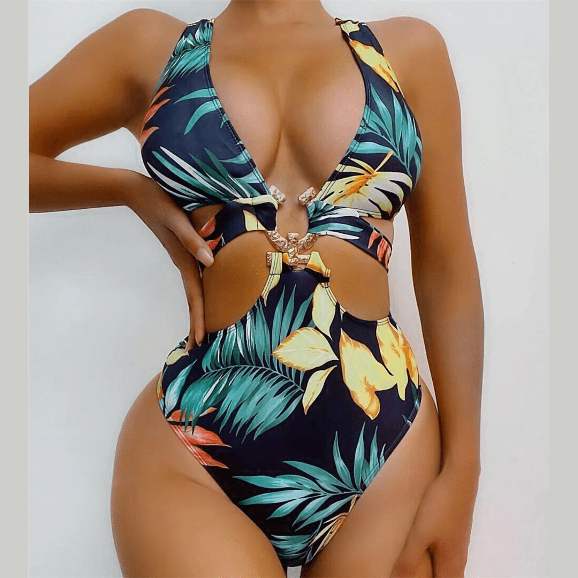 Aitana - Tropical Leaves Print Cut Out Monokini Swimsuit