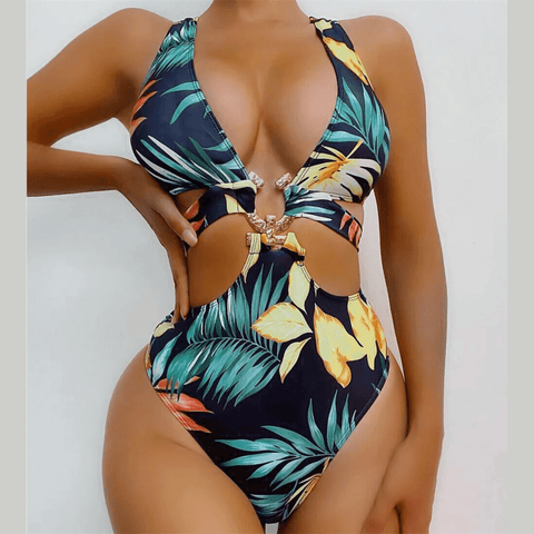 Aitana - Tropical Leaves Print Cut Out Monokini Swimsuit