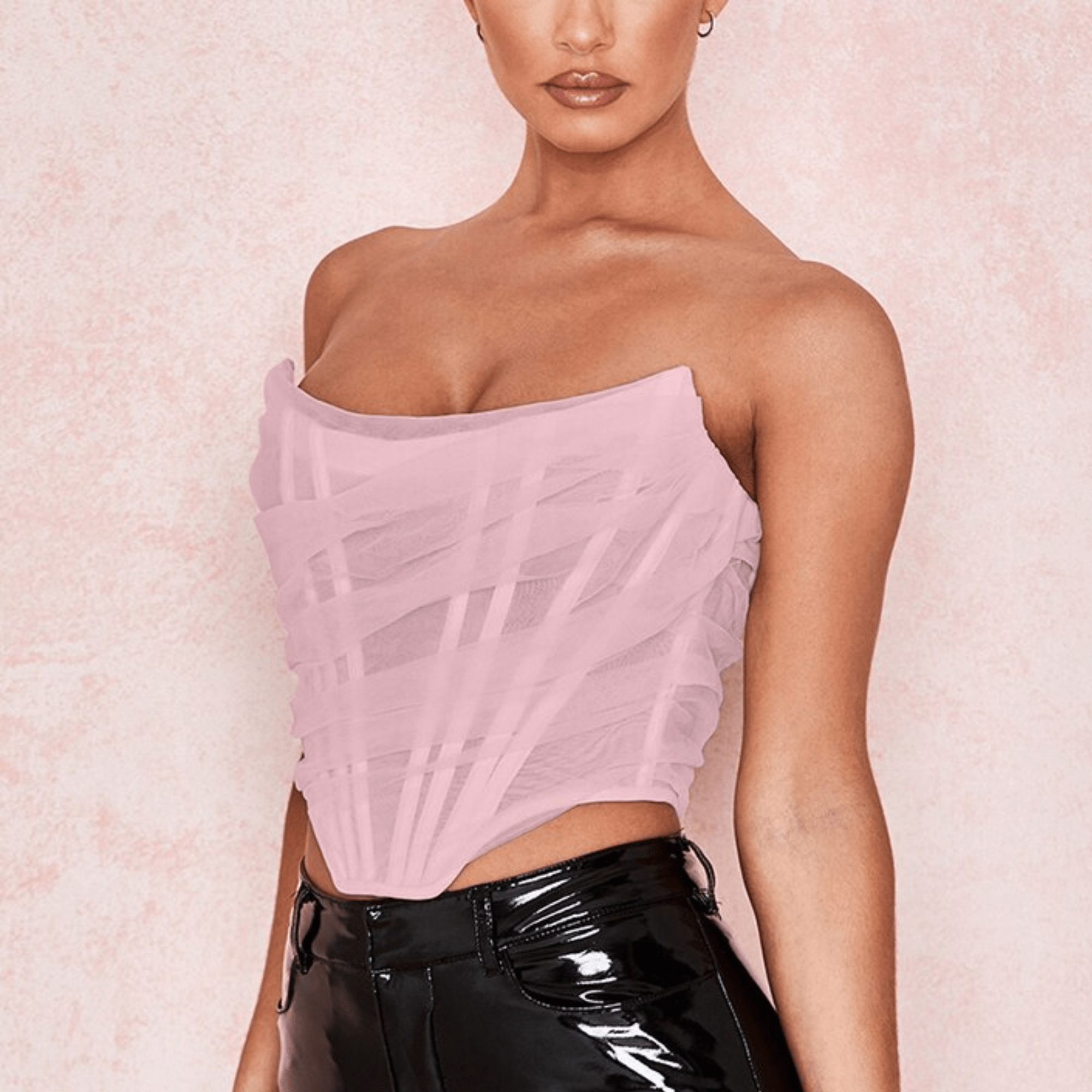 Alana - Pink Mesh Boning Strapless Corset Top