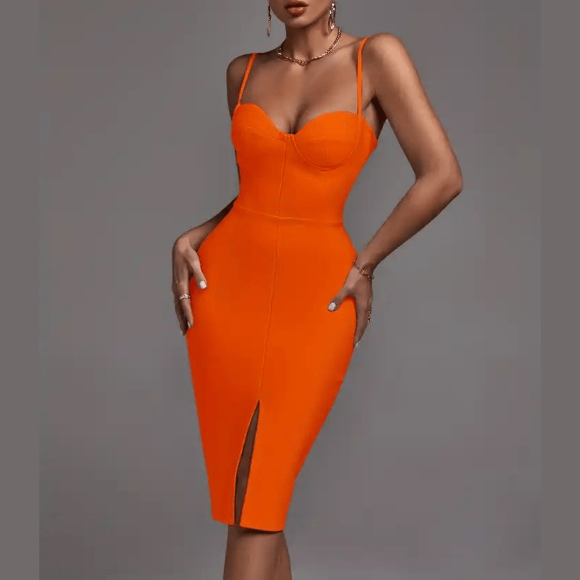 Alicia - Orange Front Split Bandage Dress