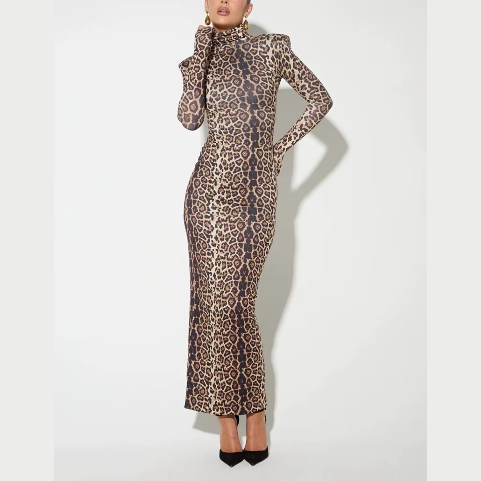 Allegra - Leopard Print Turtleneck Bodycon Maxi Dress
