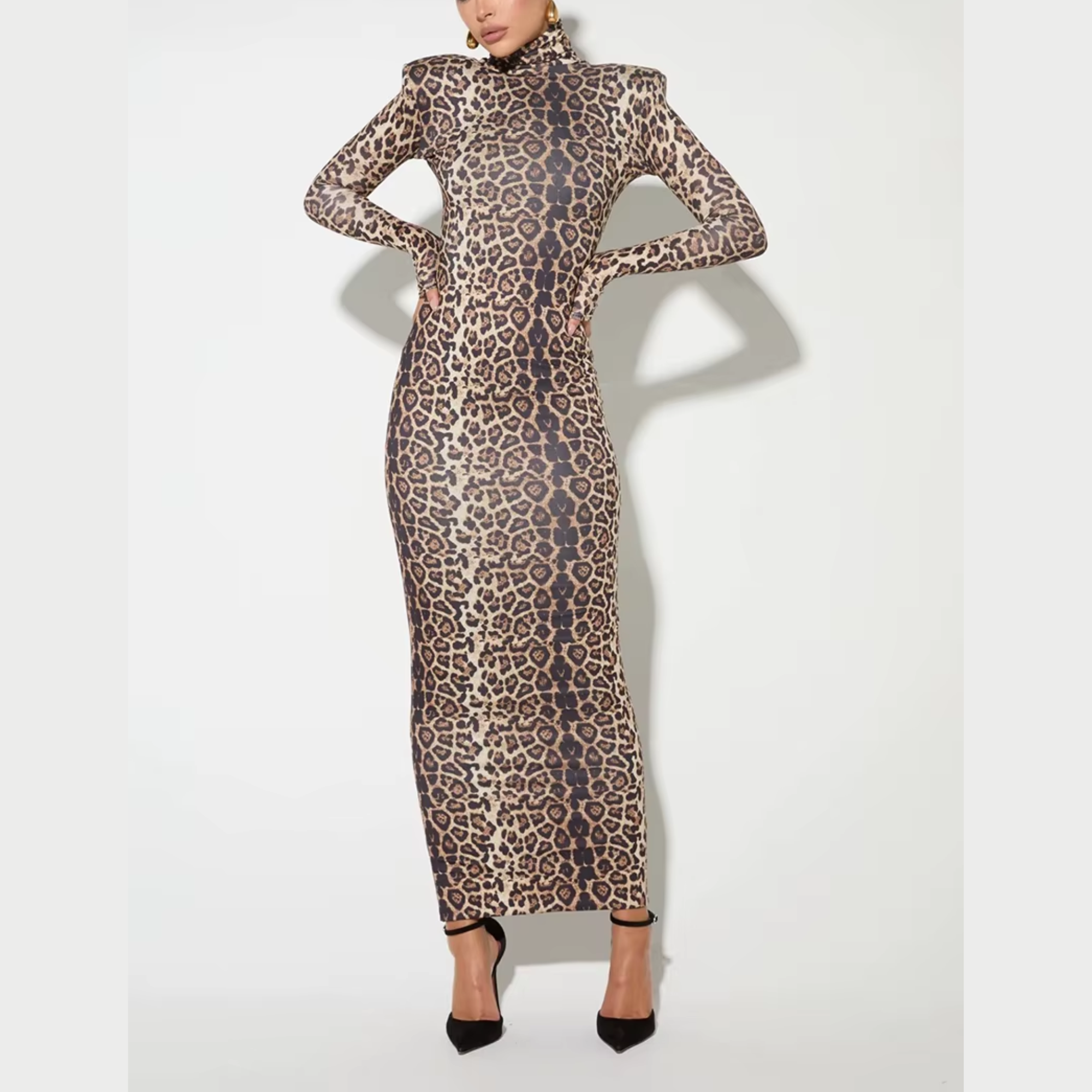 Allegra - Leopard Print Turtleneck Bodycon Maxi Dress