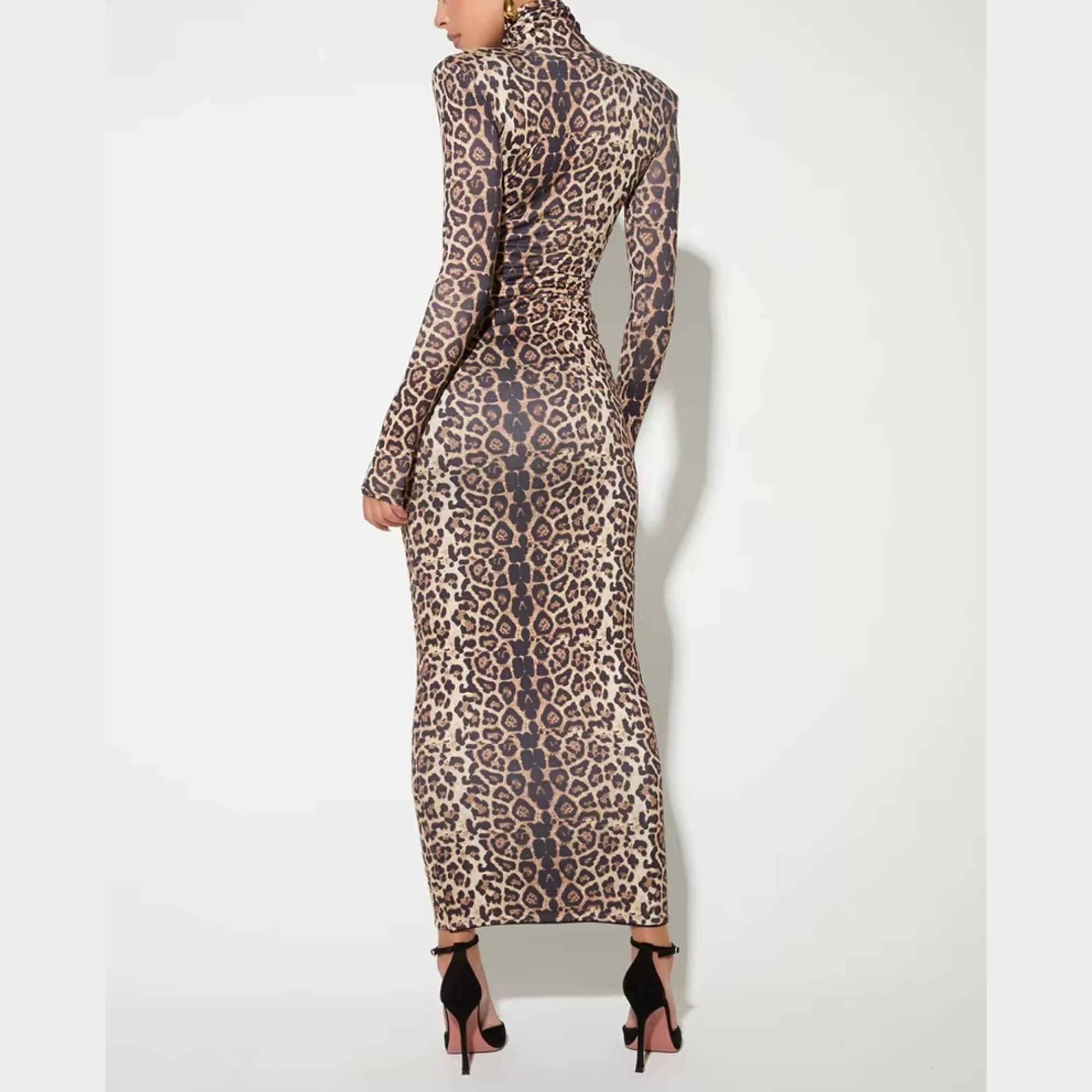 Allegra - Leopard Print Turtleneck Bodycon Maxi Dress