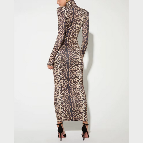 Allegra - Leopard Print Turtleneck Bodycon Maxi Dress