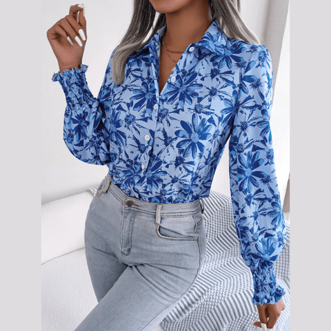 Aminah - Blue Floral Bishop Sleeve Blouse