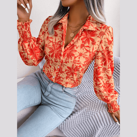 Aminah - Orange Floral Bishop Sleeve Blouse