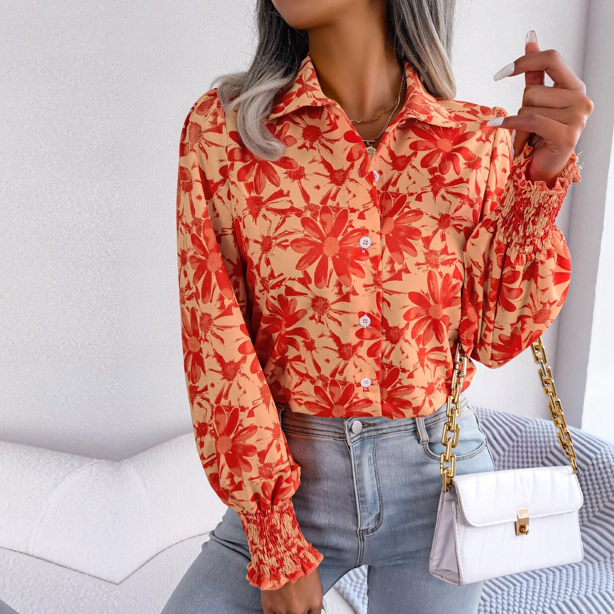 Aminah - Orange Floral Bishop Sleeve Blouse