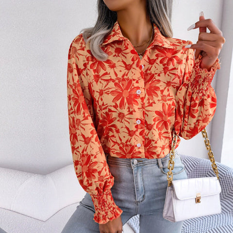 Aminah - Orange Floral Bishop Sleeve Blouse
