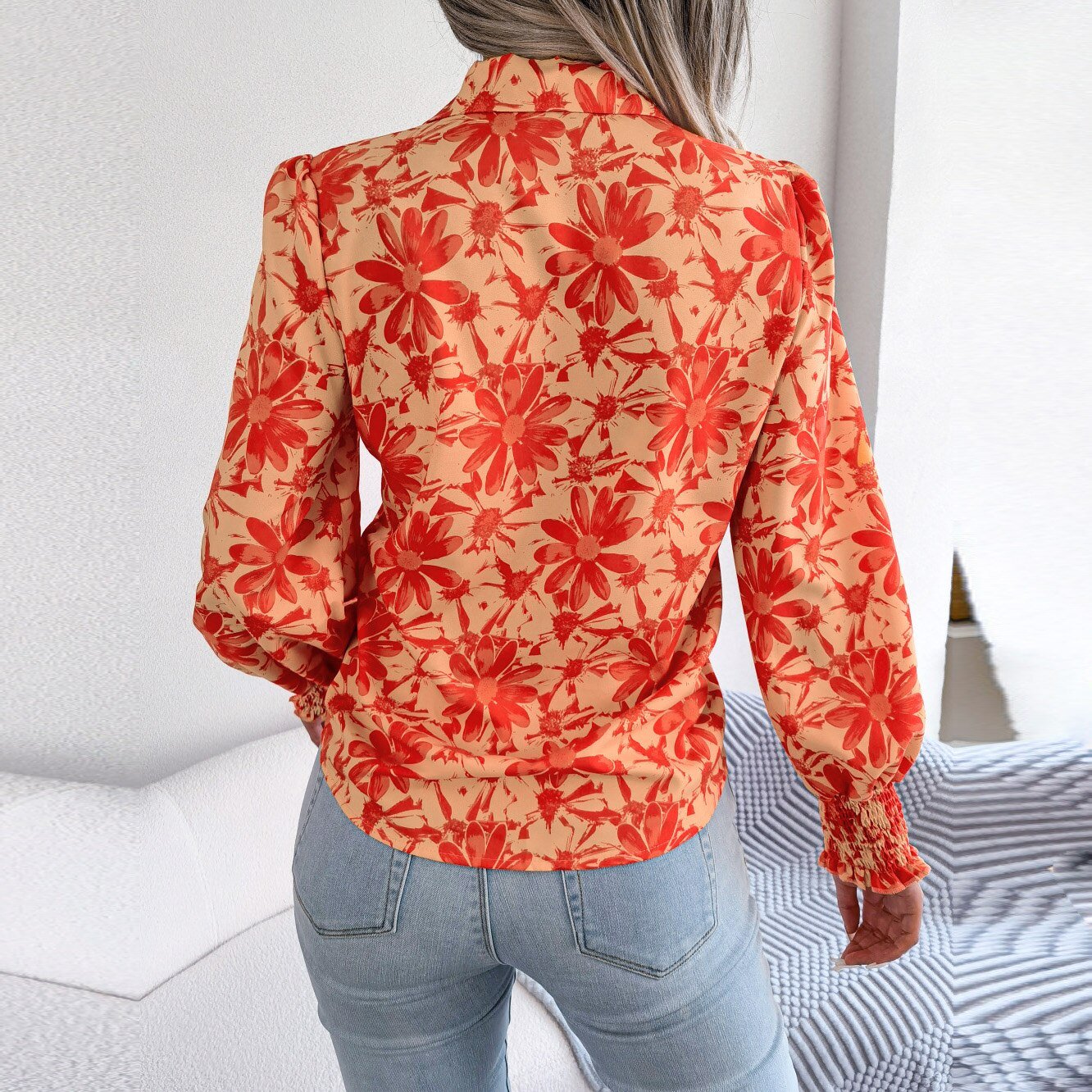 Aminah - Orange Floral Bishop Sleeve Blouse