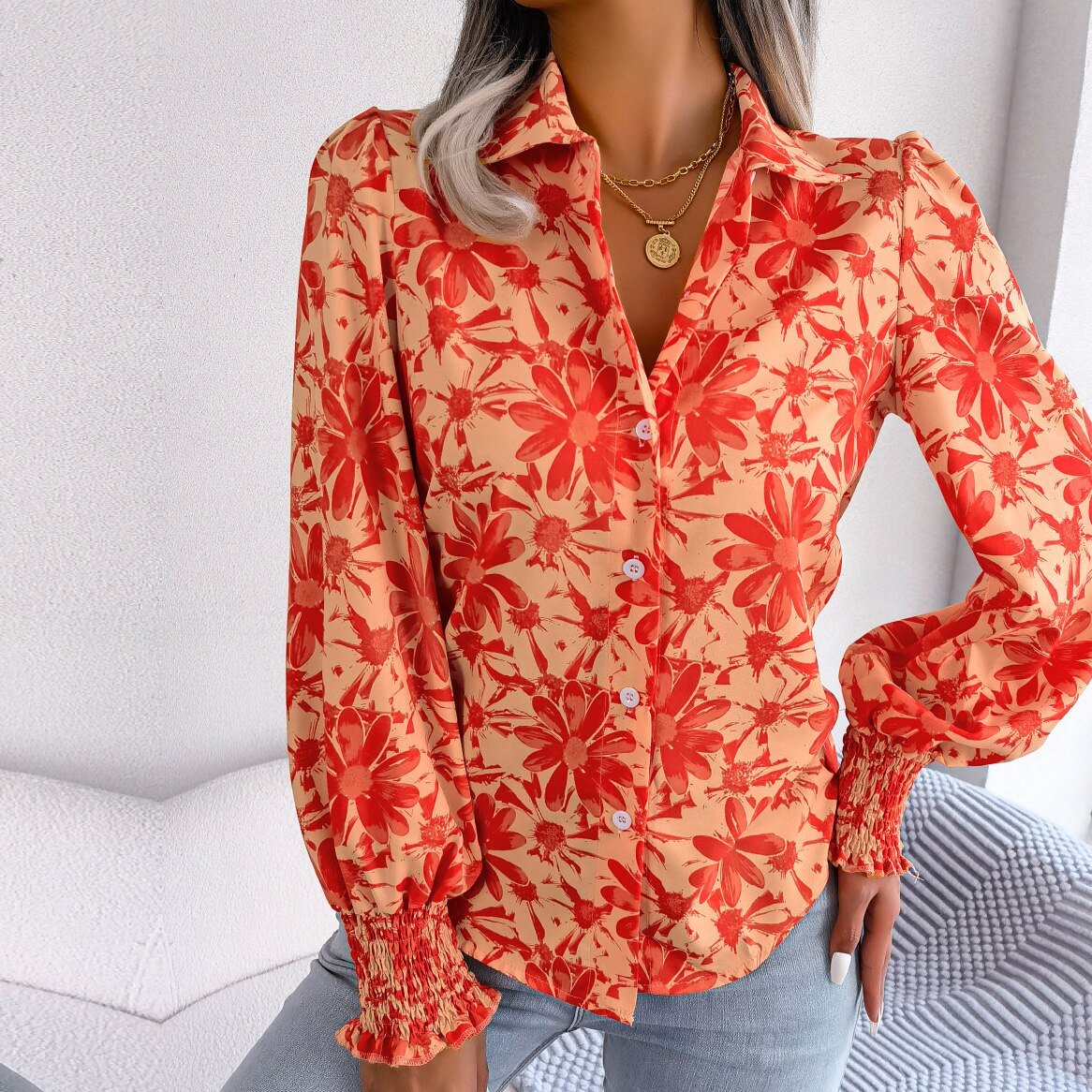 Aminah - Orange Floral Bishop Sleeve Blouse