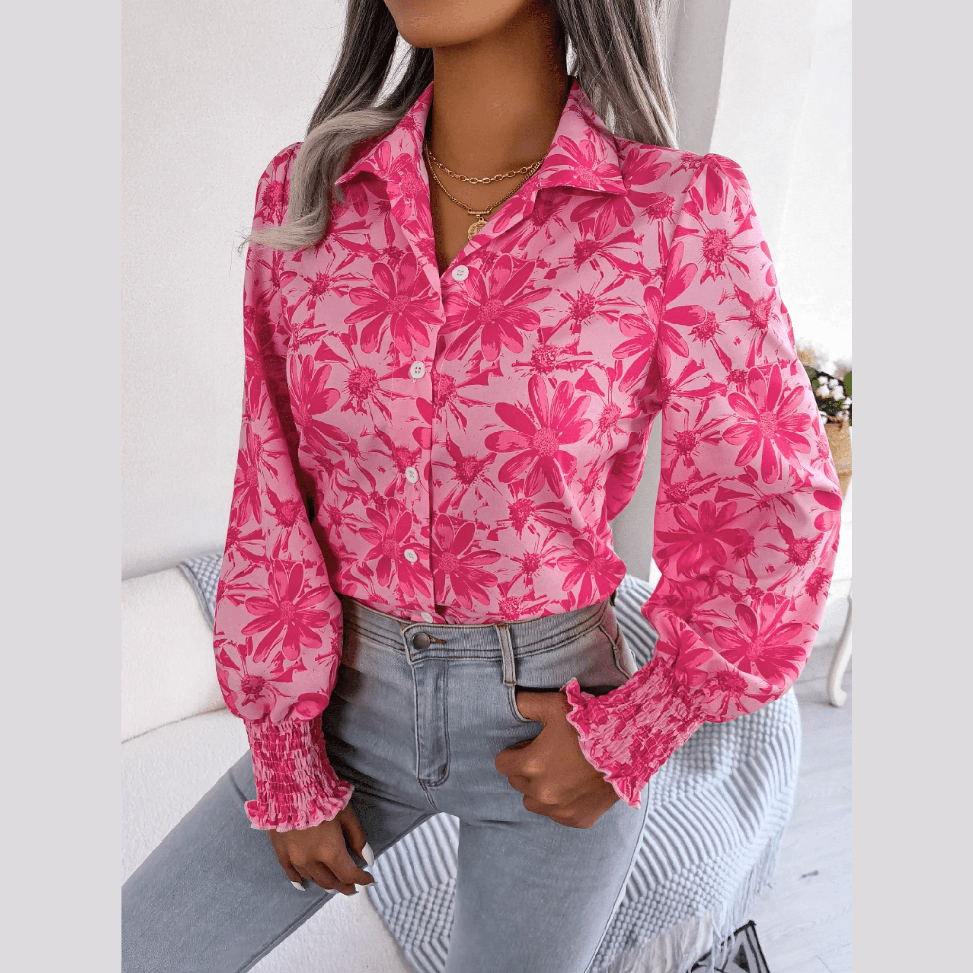 Aminah - Pink Floral Bishop Sleeve Blouse