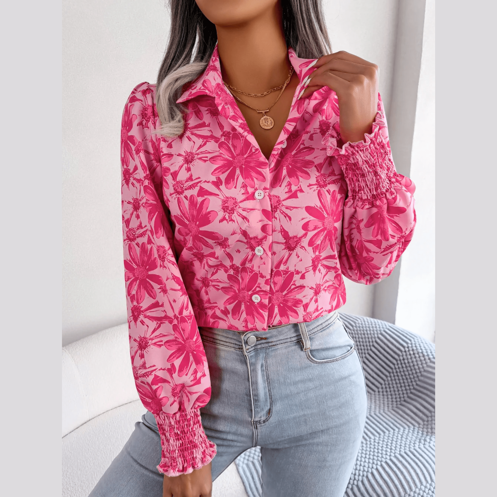 Aminah - Pink Floral Bishop Sleeve Blouse