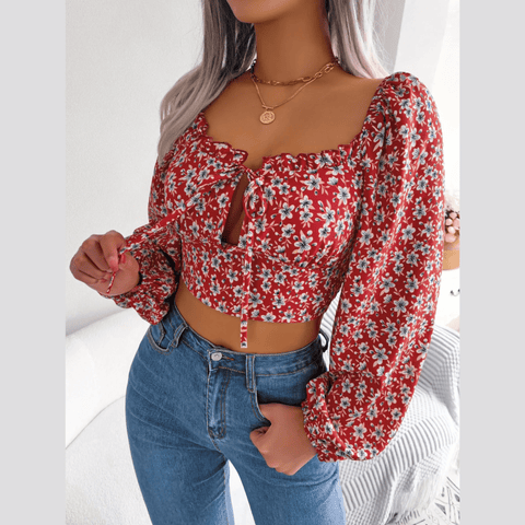 Anita - Red Floral Print Chiffon Crop Top