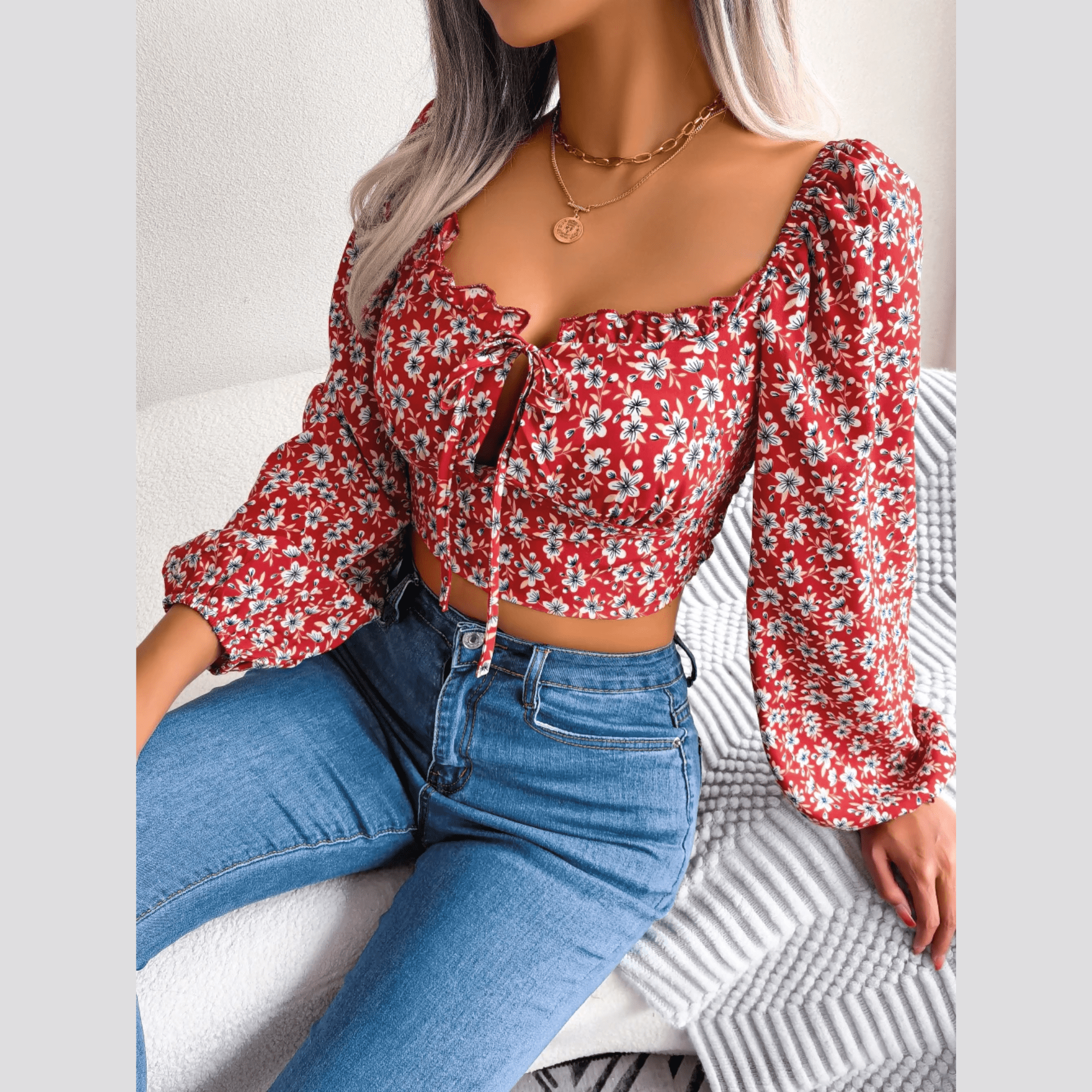 Anita - Red Floral Print Chiffon Crop Top