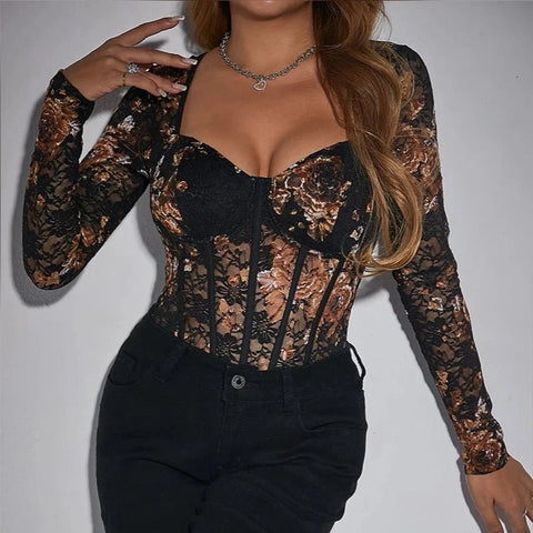 Aviana - Black Floral Print Lace Corset Style Bodysuit