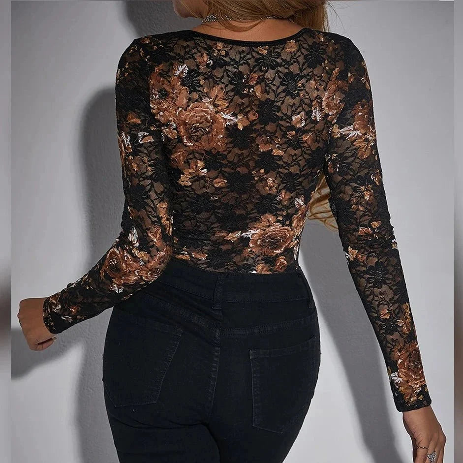 Aviana - Black Floral Print Lace Corset Style Bodysuit