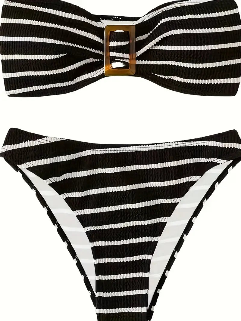 Black and white striped tube top push-up bikini set