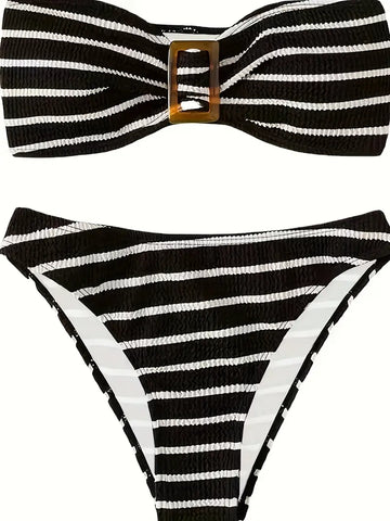 Conjunto de bikini push up con top de tubo y rayas blancas y negras