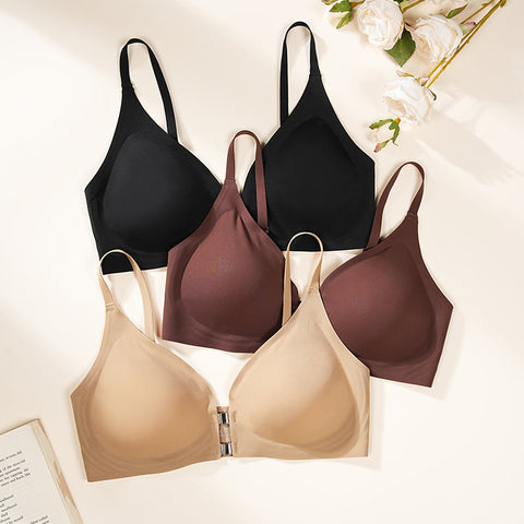 Solid Double Front Closures Wireless Bra Brown