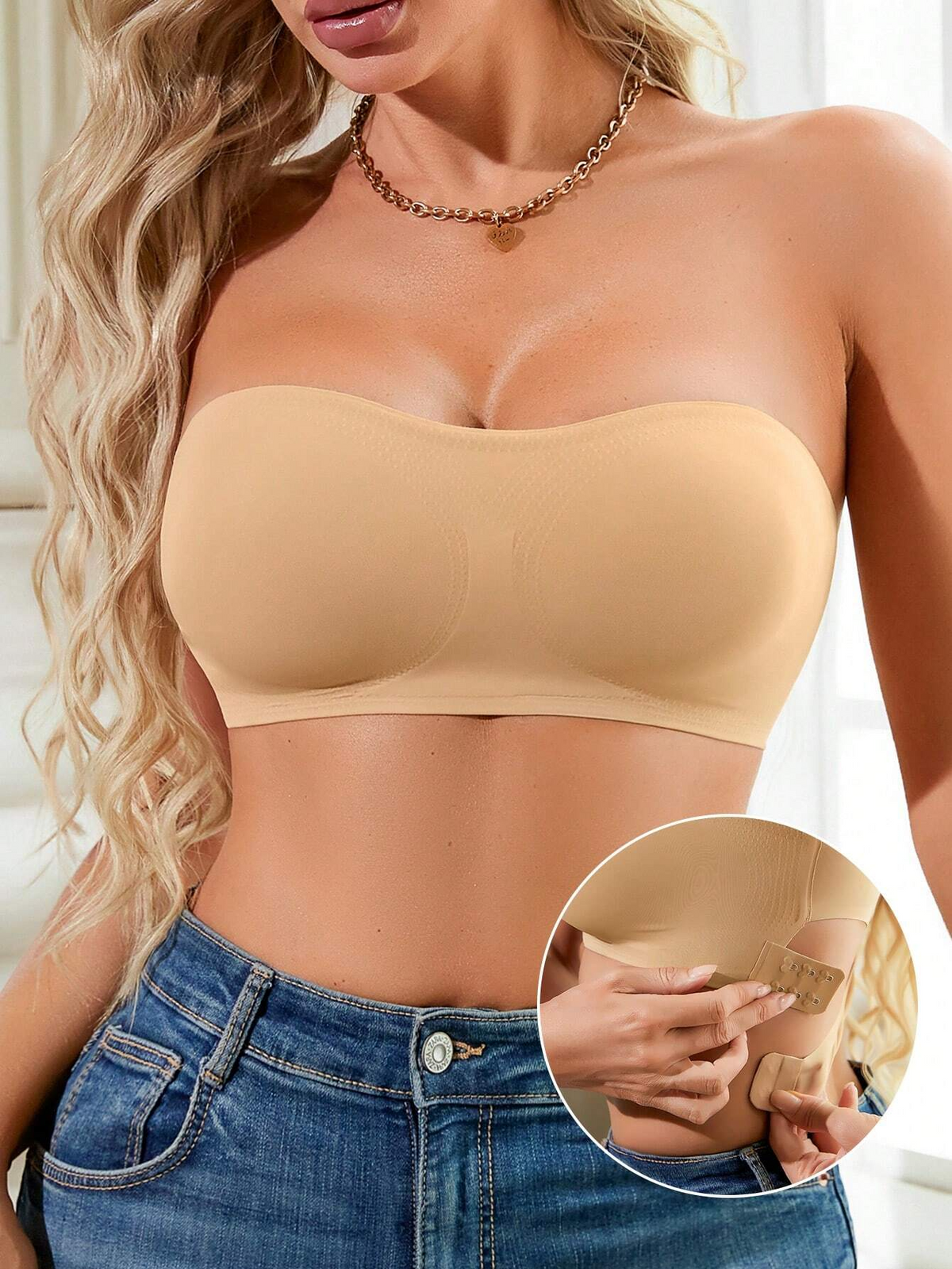 Damen Casual Seamless Simple Side Button Bandeau BH Beige