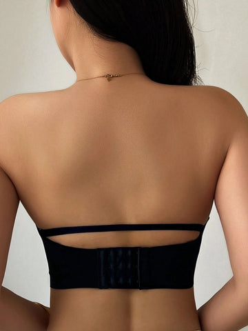 Ladies Solid Color Backless Hollow Out Strapless Bra Black