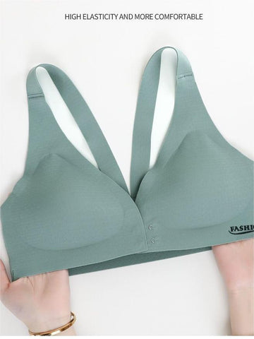 Deep V Minimizer Front Closure Push-up Wireless Bra Green