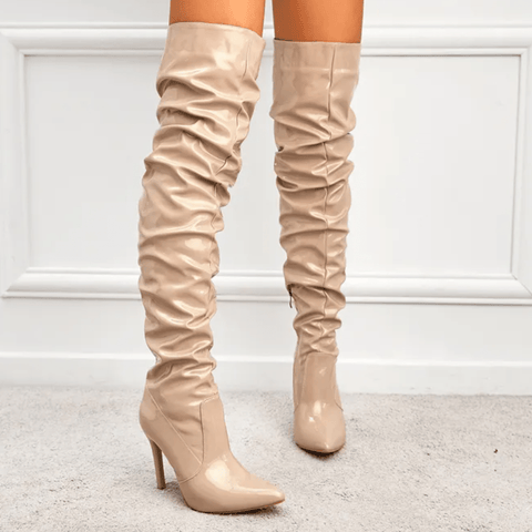 Beige Patent Leather Over The Knee Boots
