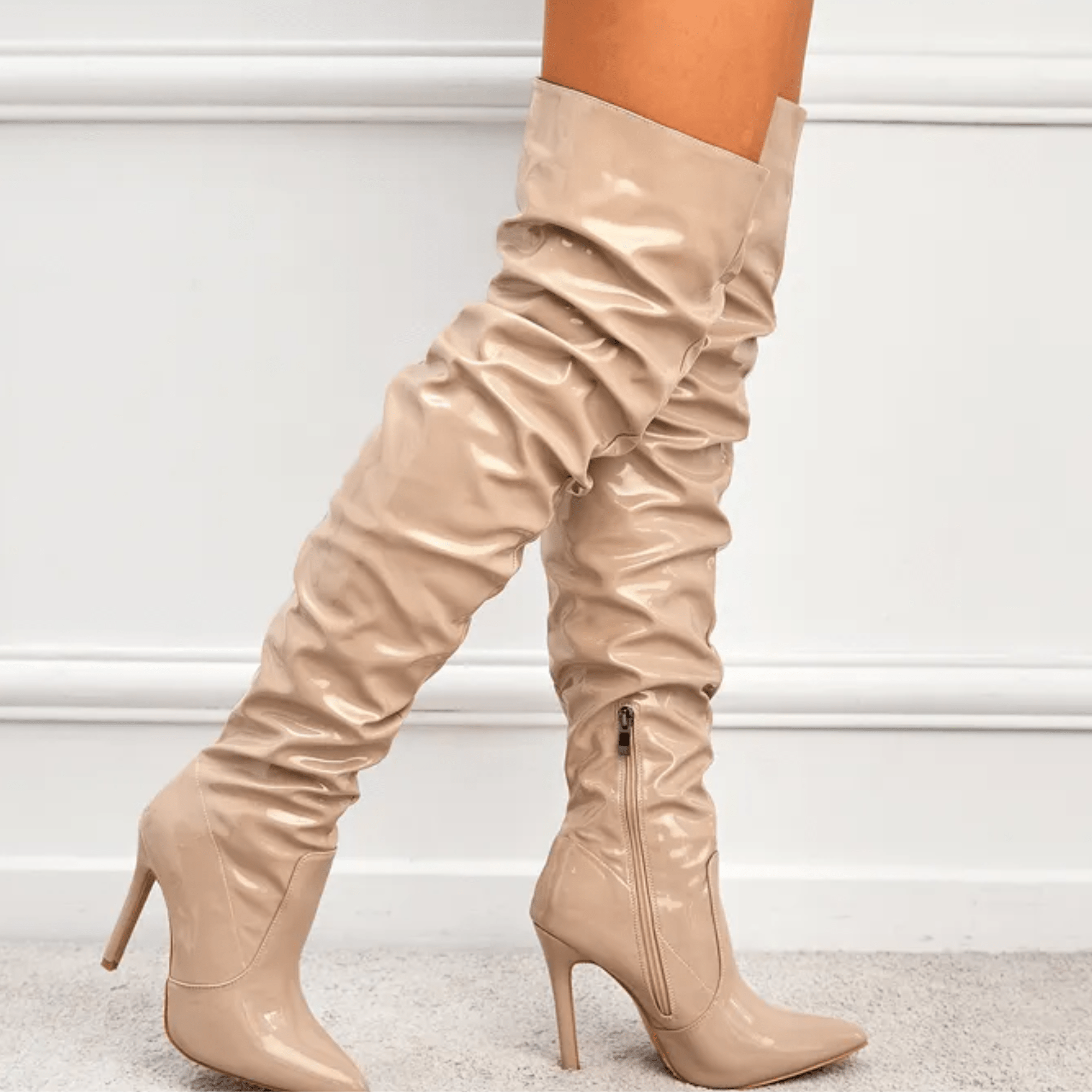 Beige Patent Leather Over The Knee Boots