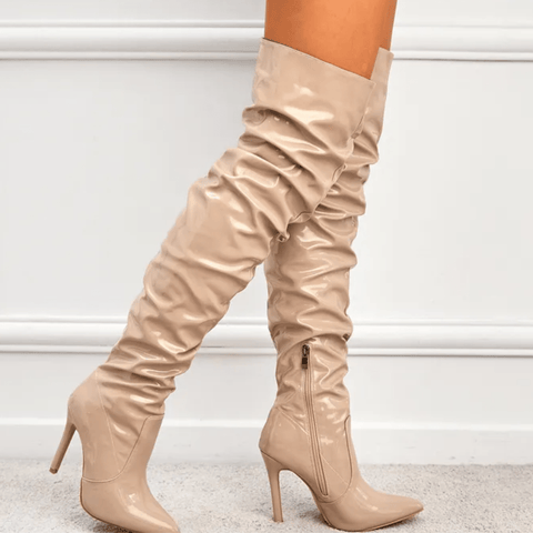 Beige Patent Leather Over The Knee Boots