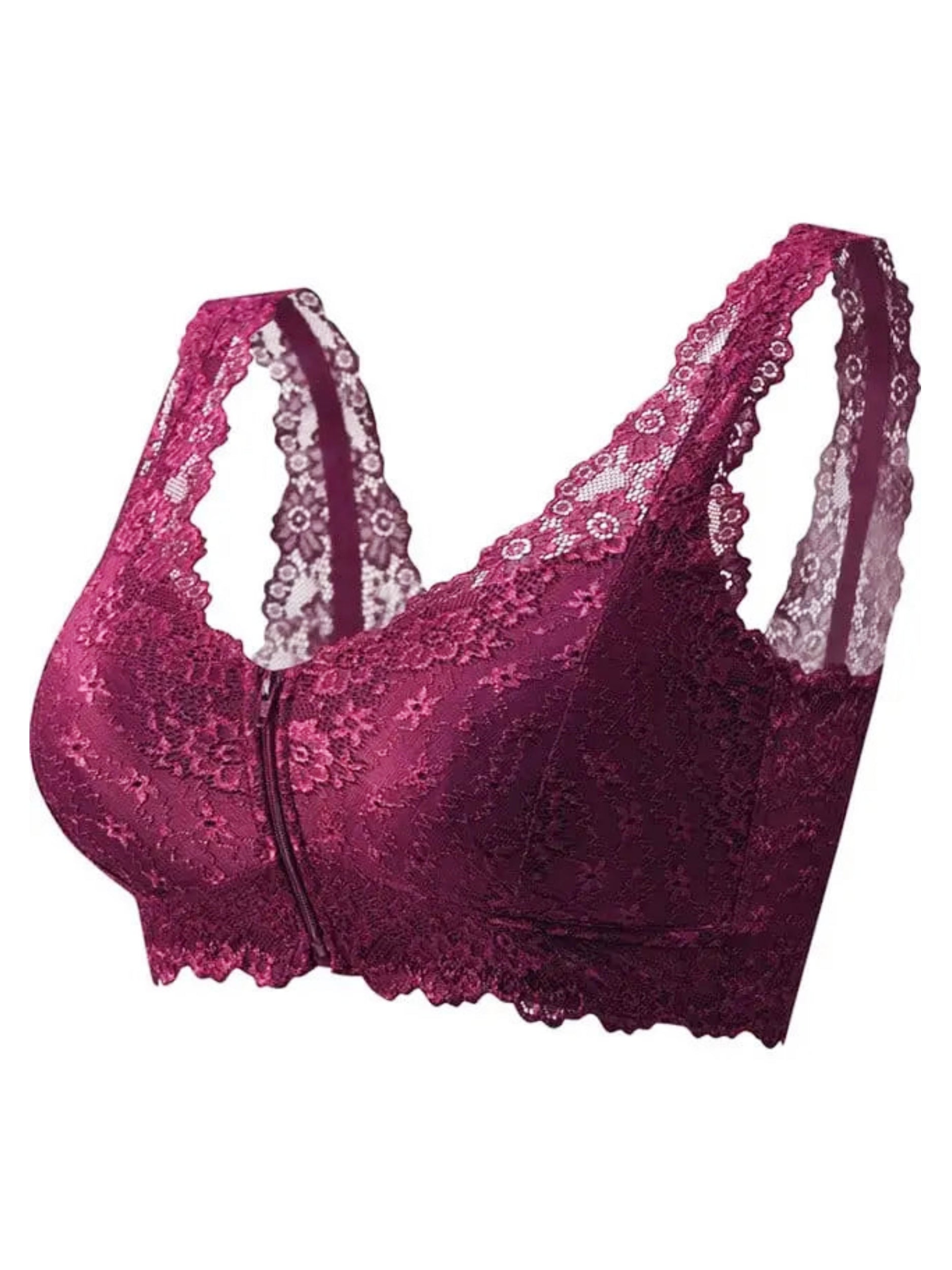 Women's Lace Front Closure Padded Everyday Short Bra .Plus Size VioletRed