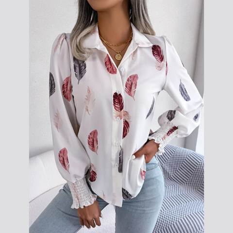 Brie - White Leaf Print Lantern Blouse